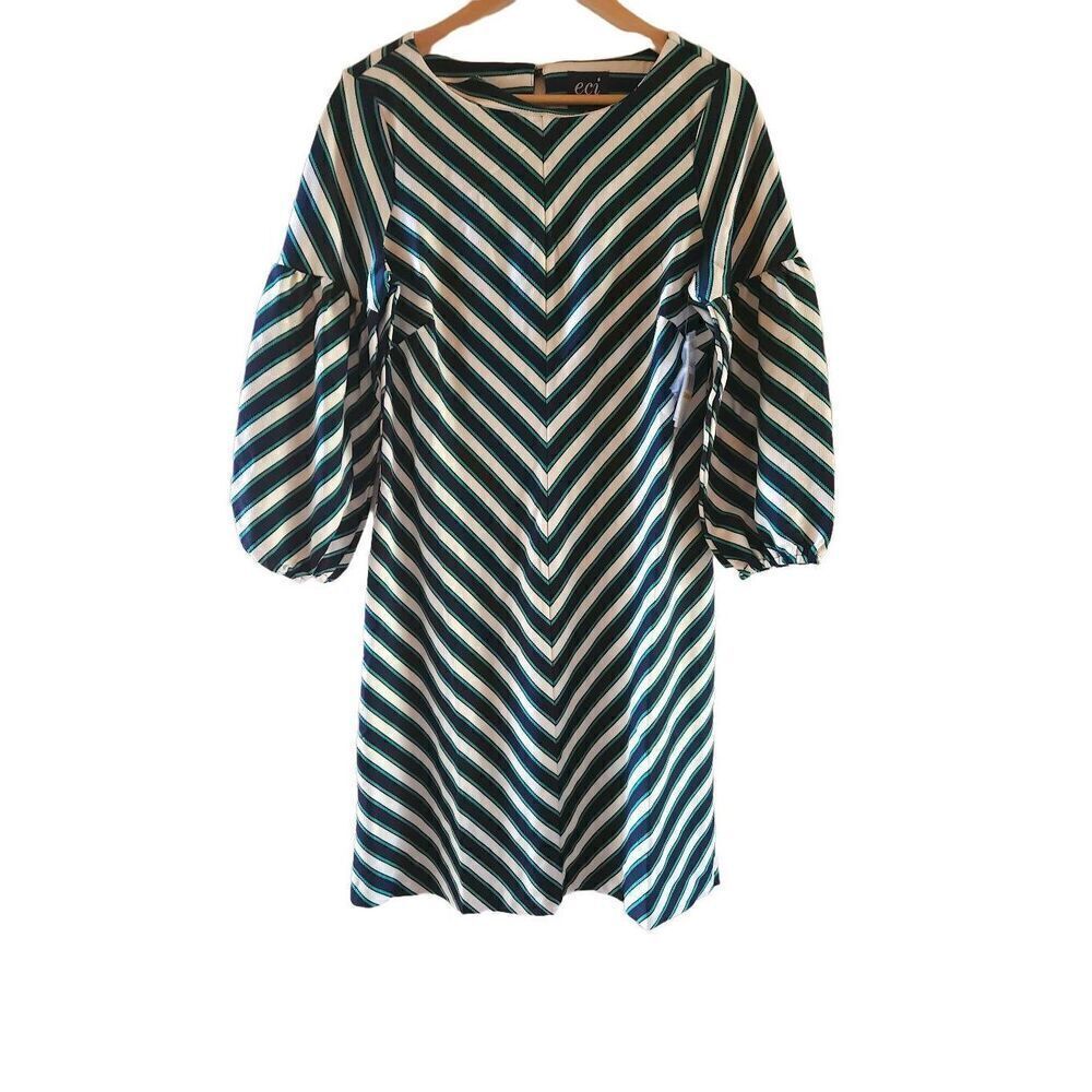 ECI New York Striped Long Puffed Sleeve Dress Navy Green White Medium